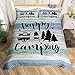 Castle Fairy Rustic Farmhouse Style Duvet Cover Queen Size,Camper Comforter Cover with 2 Pillowcase for Teens Adults,Happy Camping Black Sketch Drawing Breathable 3 Pieces Decorative Bed Cover