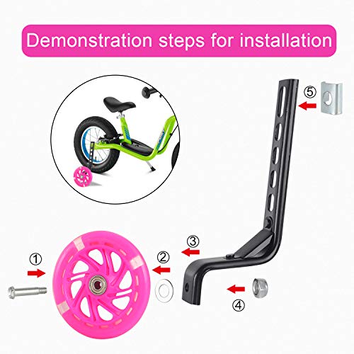 BNKIHDD Bicycle Training Wheels Flash Mute Wheel with Adjustable Kids Stabilizers Mounted Kit Compatible for Bikes of 12 14 16 18 20 Inch (Pink)