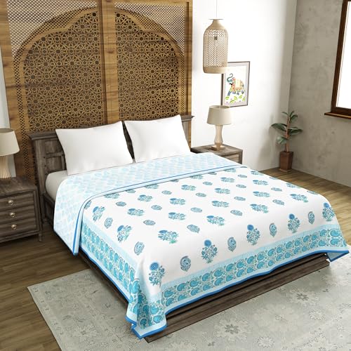 Image of BLOCKS OF INDIA 100% Cotton Dohar King Size Reversible Hand Block Printed Malmal Summer Dohar /Blanket (Blue Kairi)