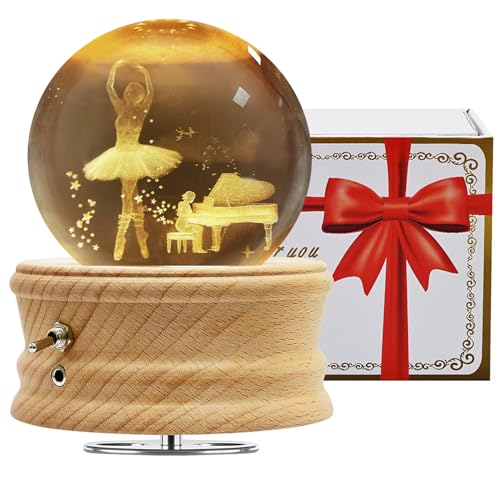 Figermoon 3D Crystal Ball Music Box,Rotating Musical Box with Night Light Projector and Wooden Base for Children,Friends,Family (Ballerina)