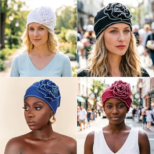 Image of DRESHOW 4 Pcs Cotton Beanie Turban Headwear for Women Elastic Chemo Hats Soft Cancer Headwear Covers Wraps for Women's Hair