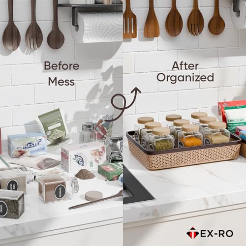 Image of TEX-RO Plastic Trays for Storage Organizer | Multipurpose Tray for Kitchen, Office & Drawer | Storage Tray for Documents, Cosmetics, Stationery | Woven Design Basket - Brown, Pack of 4