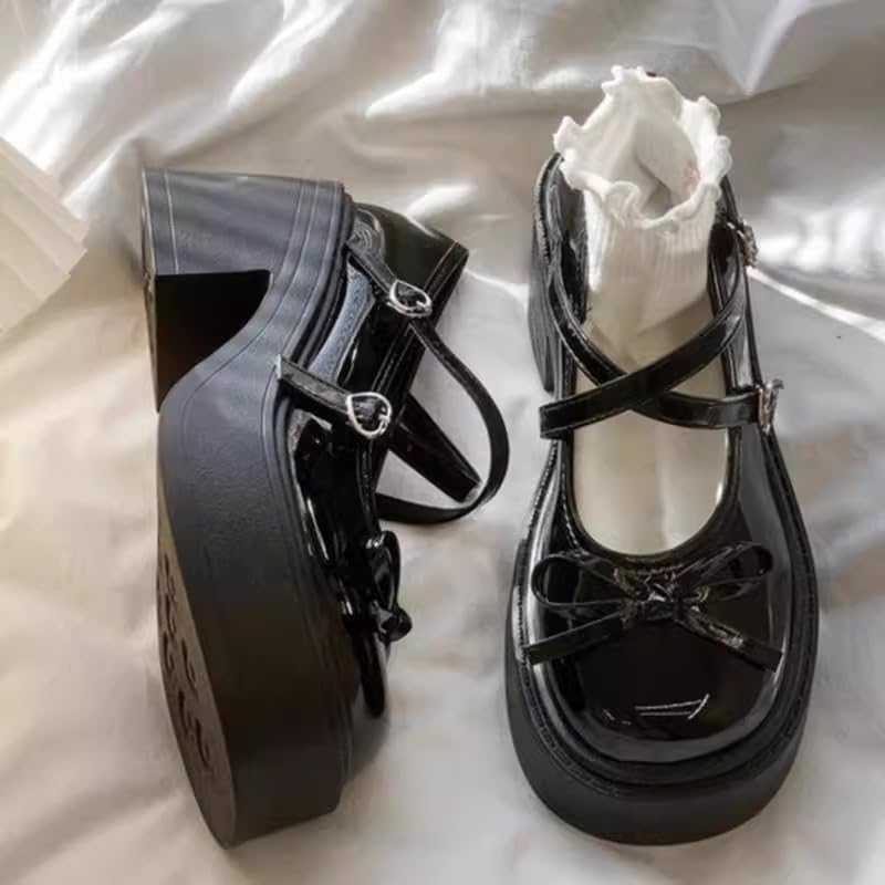 Women's Cute Bow Mary Jane Shoes Kawaii Cross Strap Round-Toe Chunky Wedge Pumps Casual Platform Shoes Cosplay Costume3