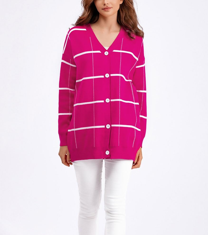 chouyatou Women's Vintage Plaid Button Down Cardigans Color Block V Neck Knit Cardigan Sweater Jacket Coat - Image 2