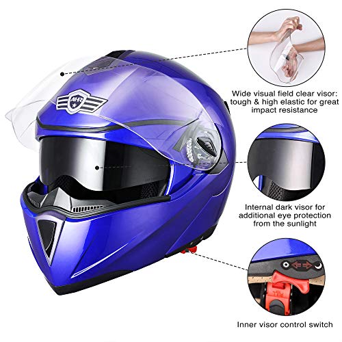 Ahr Motorcycle Helmet Dual Visor Modular Flip Up Full Face Helmet Dot Approved Helmet Run-M For Adult Motorbike Street Bike Moped Racing (Blue, M) #TOP7