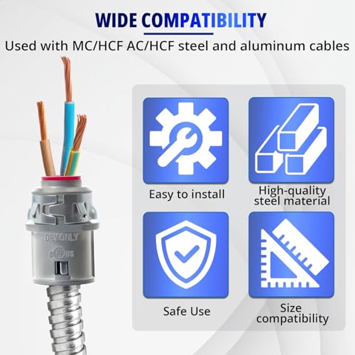 Image of MAKERELE 3 /8 inch Snap-In Metal-Clad Cable Connector, Zinc Electrical Conduit Fitting for Steel and Aluminum MC /AC Cable (60 pack)