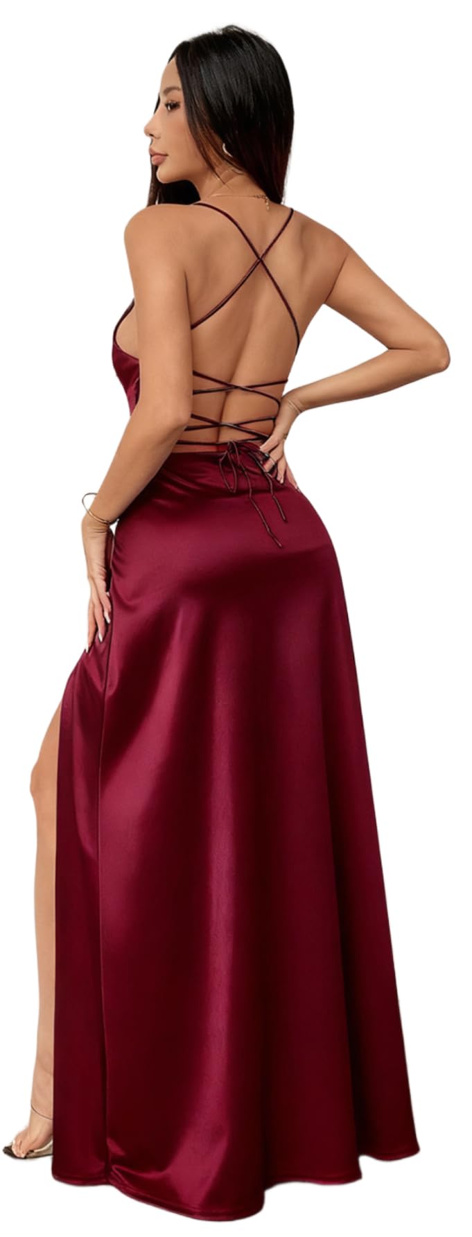 Abendkleider Elegant für Hochzeit Satin Maxikleid mit Schlitz Ballkleid Brautjungfernkleid Rückenausschnitt und Spaghetti Träger (DE/NL/SE/PL, Alphanumerisch, XS, Regular, Regular, Weinrot)