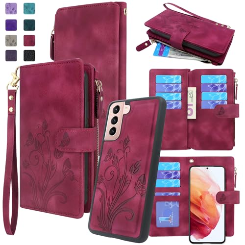 Lacass for Samsung Galaxy S21 5G G991U Case, [12 Card Slots] ID Credit Cash Holder Zipper Pocket Detachable Magnet Leather Wallet Cover with Wrist Strap Lanyard (Floral Wine Red)