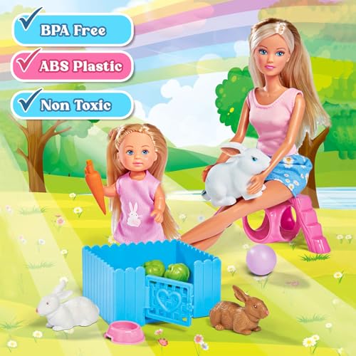 Image of Steffi & Evi Happy Animal Doll Set| Vibrant Pretend Play Dolls with Pets| Adorable Baby Doll with 16+ Baby & Animal Accessories| Ideal Gift for 3+ Year Girls (Rabbits)