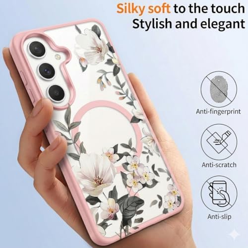 Image of VONZEE Compatible with Samsung Galaxy S26 5G Case Luxury Retro Flowers Floral Clear for Magnetic Wireless Charging Case Shockproof PC+TPU Cute Glossy Shiny Cover for Girls Women, Pink