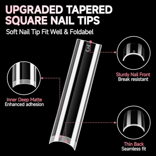 Image of UNA GELLA No C Curve Nail Tips 504 PCS Extra Long XXL Tapered Square Nail Tips Half Cover Nails tips Straight Shape For French Acrylic Nails False Fake Clear Tips Square Shape with Box