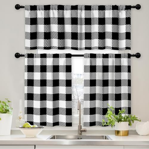 FYATHM Buffalo Plaid Farmhouse Kitchen Curtains Sets for Windows 3 Pieces Kitchen Curtains and Valances Set Black and White Country Cafe Curtains Window Treatment Tiers for Living Room Bedroom