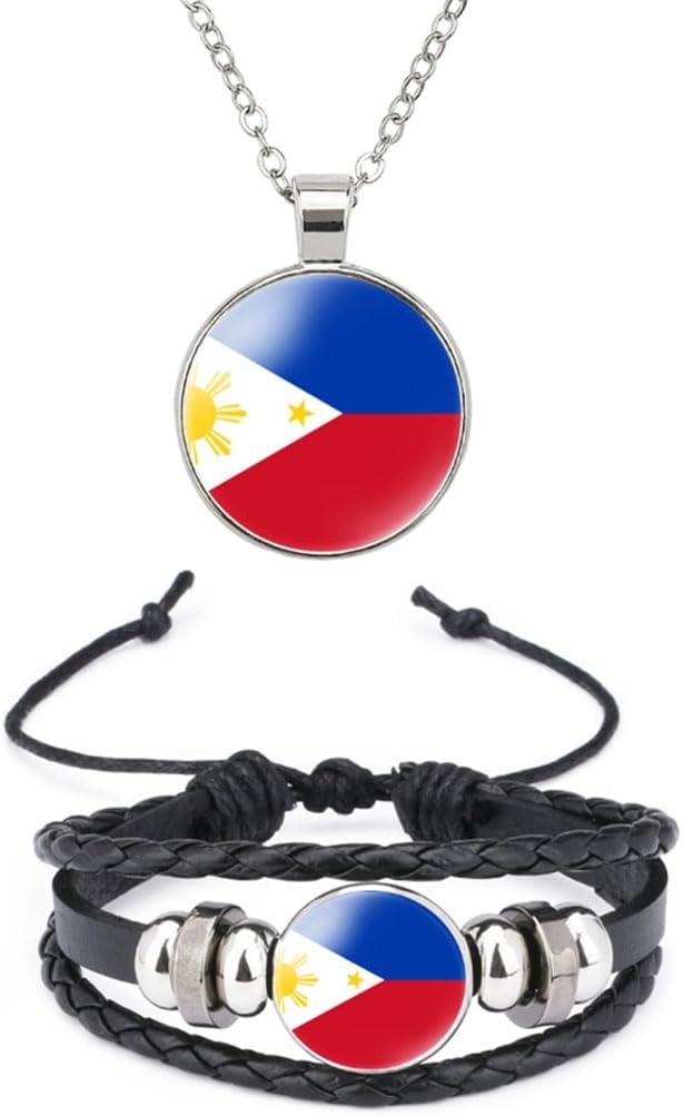 National Flag Metal Necklace and Alloy Leather Braided Rope Bracelet Bangle Set for Men Women
