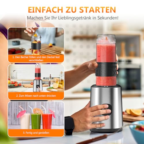 Blender Smoothie 500 W, Blender Mixeur avec 2 Bouteilles Tritan Portables de 570 ml, Blinder Mixeur sans BPA avec 4 Lames en Acier Inoxydable, pour Shake, Smoothie et Aliments pour Bébés – Image 5
