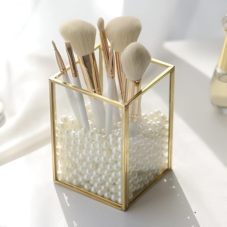 Image of Handy Creations Size 4 Inch Glass Makeup Brush Holder With Metal and Clear Glass, Gold Frame, Cosmetic Organiser, Table Top, Office, Bathroom, Decorative Cosmetics Holder Beauty Display (Pack of 1)