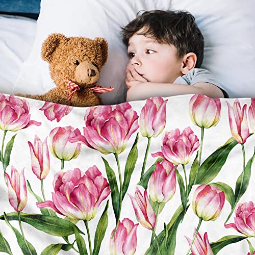 Sowide Pink Tulips Blanket, Pink Flowers Blanket Throw, Soft Warm Lightweight Plant Flannel Blanket - Image 3