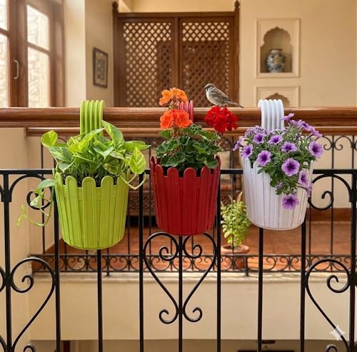 Image of Premium 6 inch Railing Planter with Hook - Durable Plastic Hanging Flower Pot for Balcony, Fence Design Gamla for Indoor /Outdoor Plants, Herbs & Creepers (3, Mix)