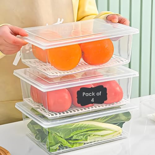 Image of JD FRESH Fridge Organiser Storage Boxes Set of 4 /Refrigerator Storage Containers with Drain Plate Airtight Lid /Vegetable Fruit Storage Box Stackable BPA Free Fridge Containers 2500ml
