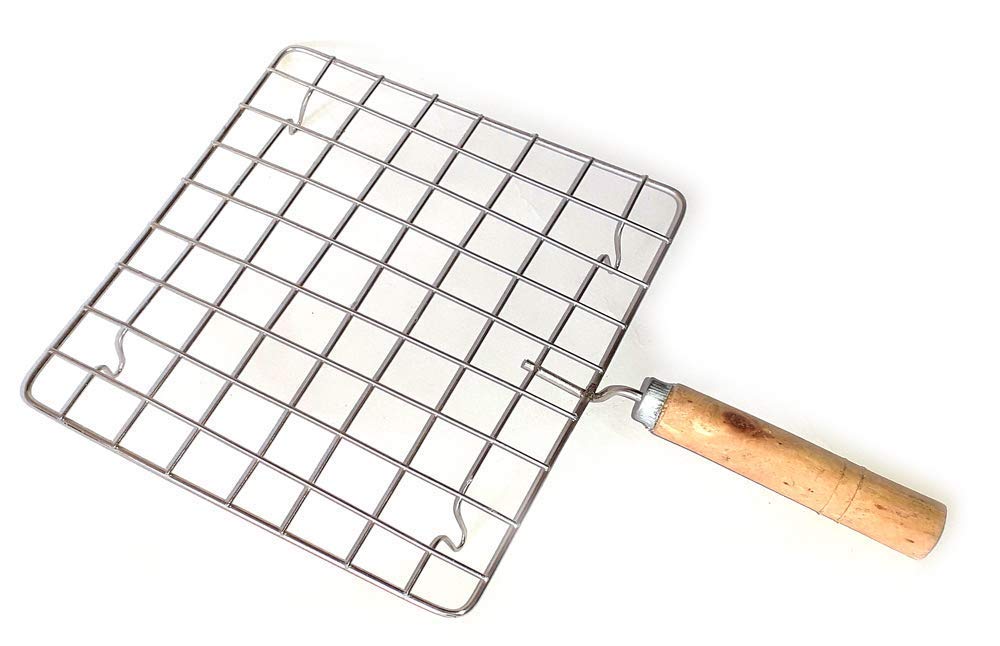 M2 ENTERPRISE Stainless Steel Grill Pan with Wooden Handle Barbecue Roti Roast Grill Papad Roaster Chapati Toast and Paneer Tandoori Grill Stand