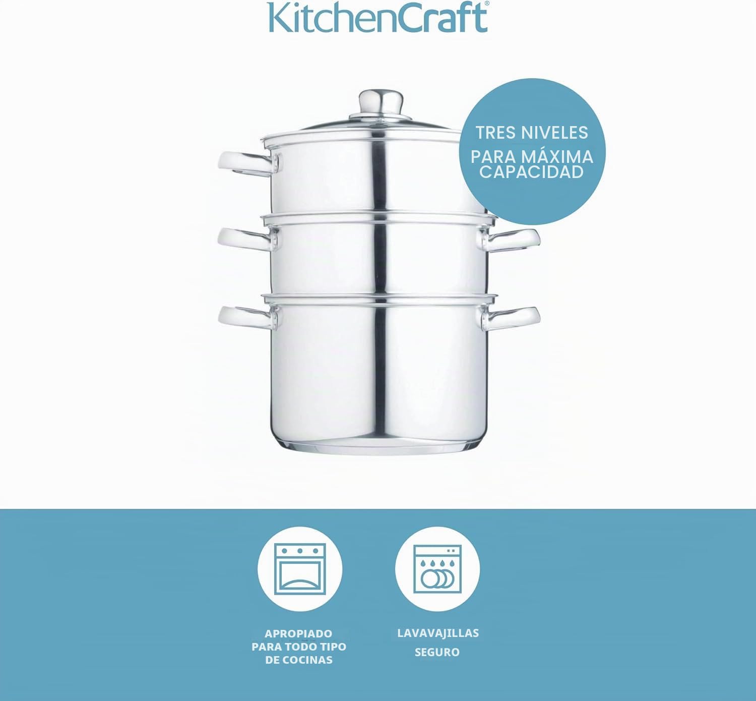 KitchenCraft - Olla Vaporera de Comida de 3 niveles / Cazuela (Stock Pot) en Caja de Regalo, Apta para Inducción, Acero Inoxidable, 22 cm