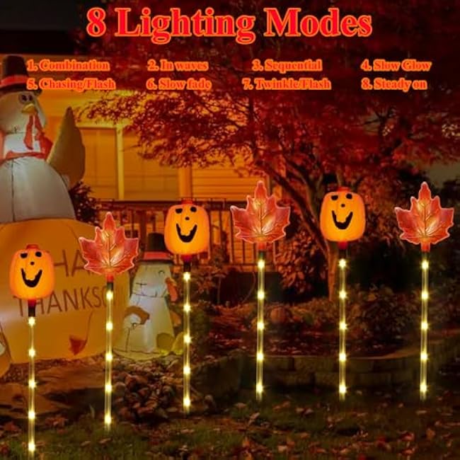 6 Pack Fall Decor Solar Maple Leaf Pumpkin Lights for Thanksgiving Decorations Outdoor,Waterproof Solar Thanksgiving Fall Leaves Pumpkin Garden Stake Lights for Outside Pathway Harvest Decor