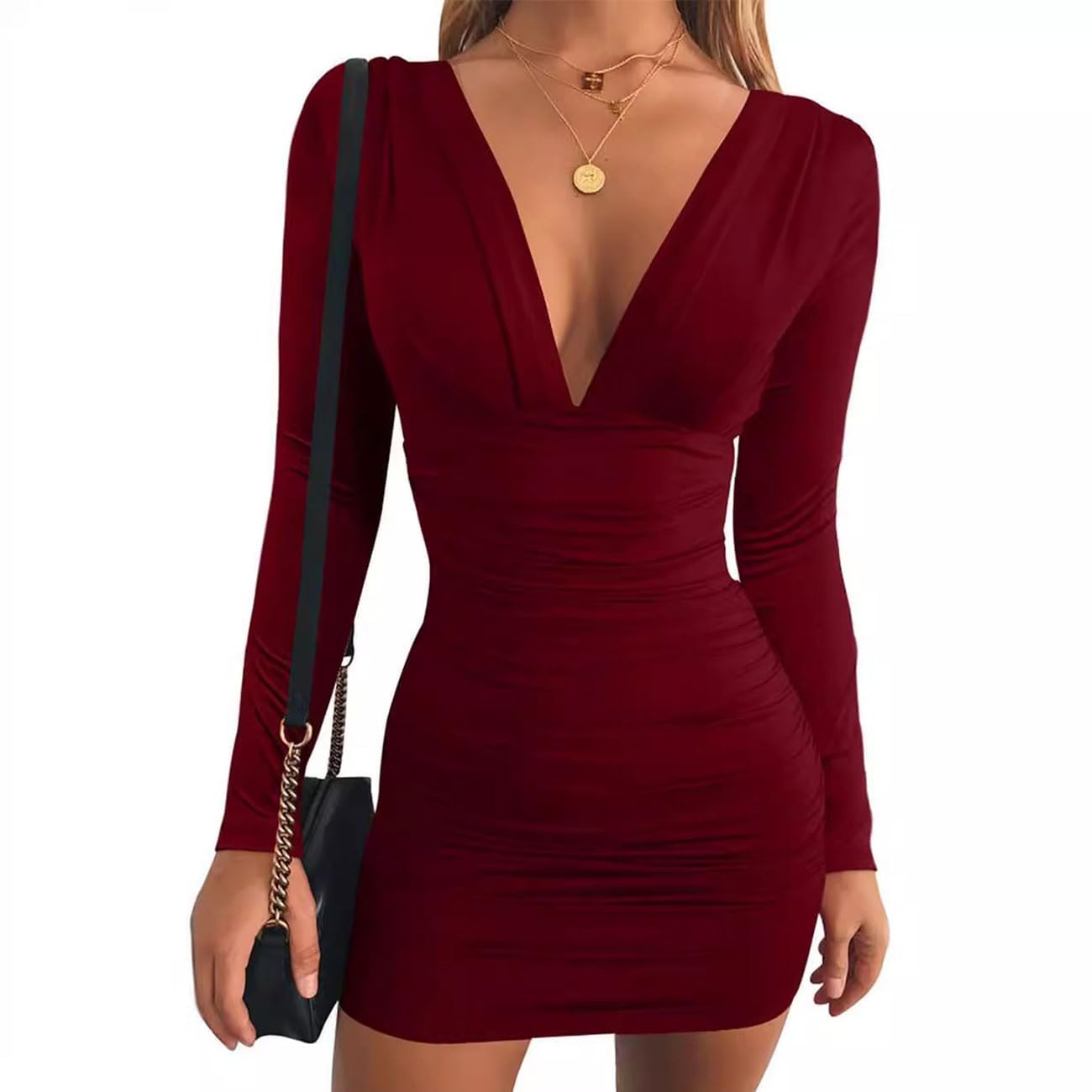 Women Mini Wrap Dress, Sexy Hip-Hugging Ruched Dresses, Col V Profond et Doux/Une épaule Robe Fourreau Bodycon à Manches Longues, Mini Robe Tube à Haute soirée Cocktail (2 modèles, S-L)