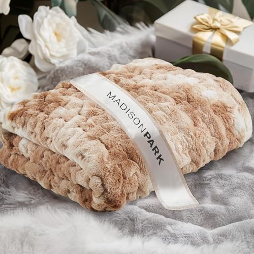 Madison Park Ruched Fur Throw Faux Fur Blanket, 50" x 60", Tan Tie Dye - image 5