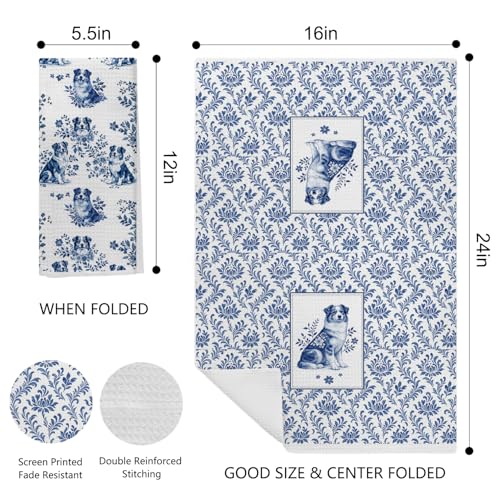 Image of Chinoiserie Australian Shepherd Kitchen & Hand Towels Set of 2, Blue and White Floral Dog Dish & Tea Towels for Kitchen Bathroom Decor, Vintage Toile Dog Lover Gifts for Women 16x24 Inch