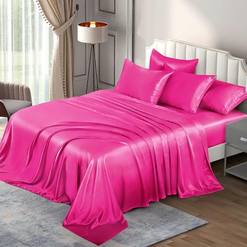 P Pothuiny Juego de sábanas de satén de 6 piezas, tamaño Queen, sedosas, 1 sábana bajera de bolsillo profundo + 1 sábana encimera + 4 fundas de almohada, rosa intenso