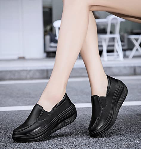 Image of Women's Platform Wedge Slip-On Loafers,Comfortable EVA Sole Round Toe Leather Moccasin Wedge Sneakers.