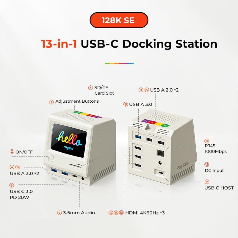Image of RayCue 128K SE Docking Station Triple Monitor, Digital Clock /Photo Frame,13-in-1 USBC Dock Triple 4K Display for MacBook Windows, 3 HDMI, USB C Data, Ethernet, Audio, 5 USBA Ports, 45W Power Adapter