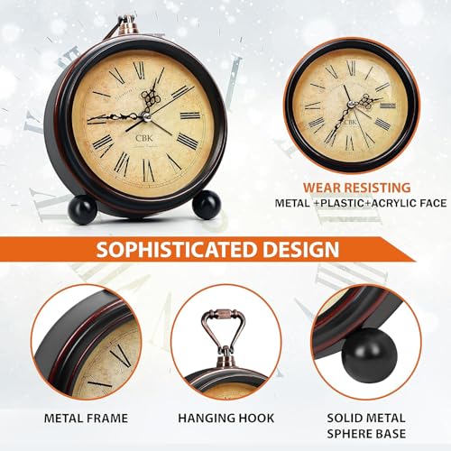 Image of CBK Vintage Style Analog Alarm Clock with Roman Numerals | Classic Table Clock | Antique Look Desk & Bedside Clock for Home, Office, and Bedroom