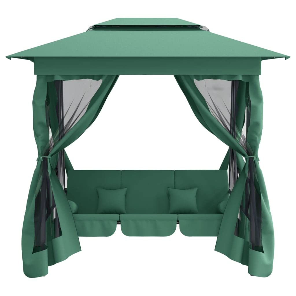 Columpio Jardín Exterior, Balancín de Jardín 3 Plazas con Techo y Cojines, Convertible en Cama, Marco de Acero, para Balcón, Terraza, Patio, 223 x 153 x 233 cm, Grün