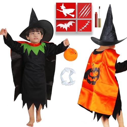 Image of Sarvda halloween costume|halloween dress for boys|witch costume for girls (2-3 Years, Dark Witch (Dress, Hat, Black Cape, 2 Felt Mask, Pumpkin, Teth))