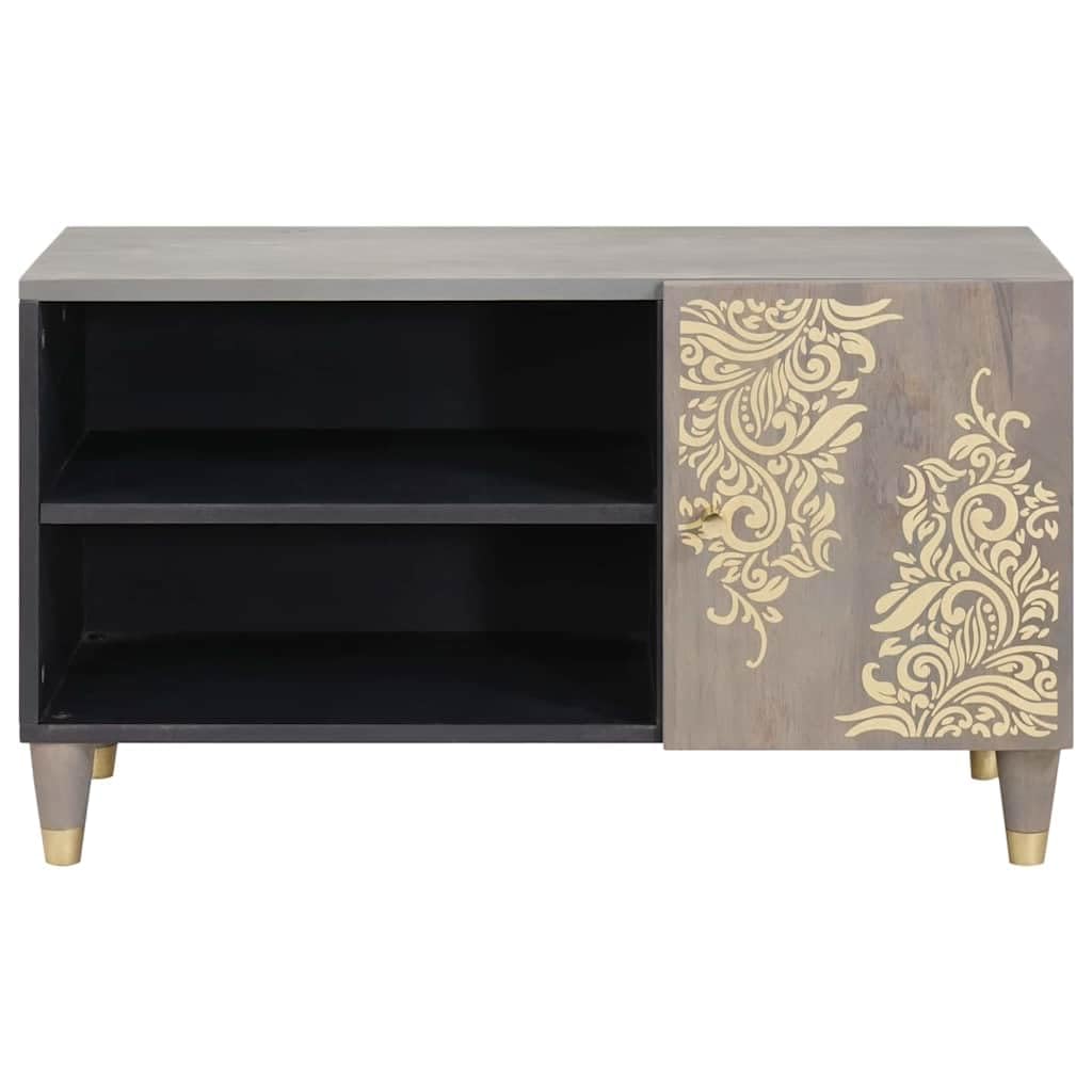 Mangloder - Mobile TV basso, in legno di mango massiccio, grigio, 80 x 33 x 46 cm, con mensola, pomelli in ottone e design serigrafato dorato, per soggiorno, home theater e gaming