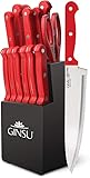 Ginsu KIS-RD-DS-014-4 Kiso Dishwasher Safe Red 14 Piece Set Black Block, 9
