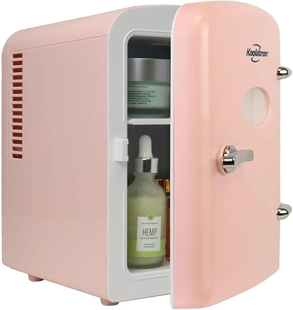 Koolatron Retro 4L 6 Can Portable Mini Fridge Compact Refrigerator for Bedroom Skincare Cosmetic Beauty Personal Cooler 12V and AC Cords, Desktop Accessory for Home Office Car Dorm Travel (Pink)
