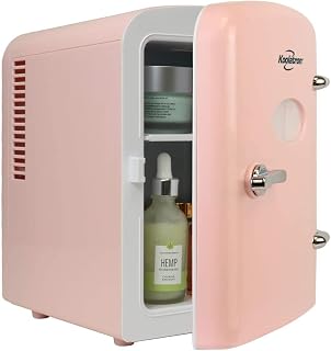Retro Mini Portable Fridge, 4L Compact Refrigerator for Skincare, Beauty Serum, Face Mask, Personal Cooler, Includes Bonus 12V Car Adapter, Cute Desktop Accessory for Home Office Dorm Travel, Pink