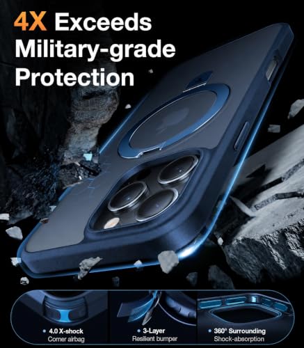 Image of TORRAS Ostand for iPhone 16 Pro Case Magnetic Stand, Navy Blue 6.3 inch | [Fit for MagSafe][Flexible Stable Stand] 4X Military-Grade Shockproof, Slim Protective Phone Cover, Translucent Navy Blue