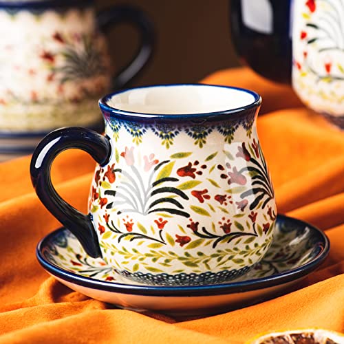 Onecci Polish Pottery Style Porcelain Ceramic 10 Piece Tea Set,7.2Oz Tea Cup And Sauce Set Of 4,28.2Oz Teapot And 1Wooden Tray. (The Tulip) #TOP4
