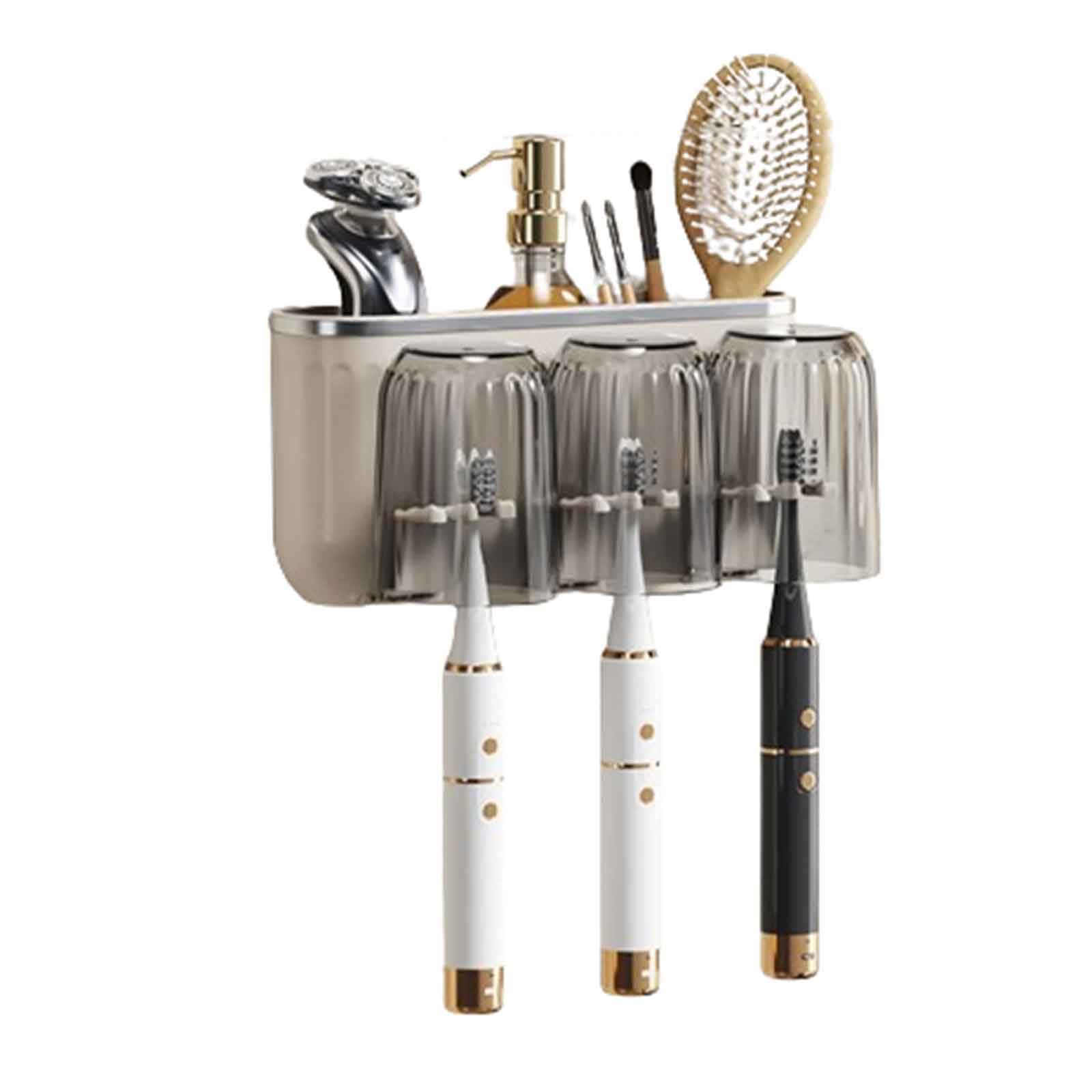 Dispensador Pasta Dientes Organizador Baño Porta Cepillo Viaje Portacepillos Pared Toothbrush Holder Soporte Cabezales Cepillo Automatico Adhesivo Extraíble para Limpieza (23x6.2x11cm,Brown)