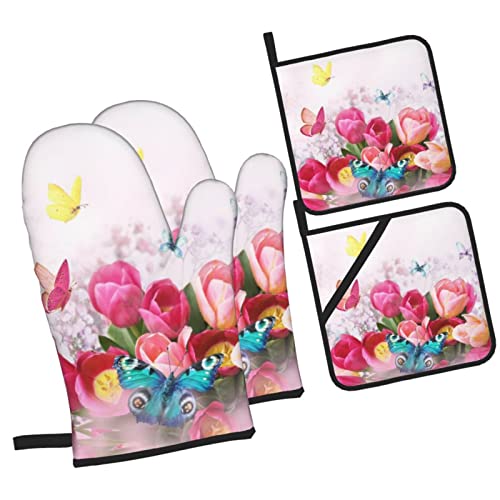 Zcjhgzcz Colorful Butterflies Flowers Oven Mitts And Pot Holders Sets 4 Piece Set Heat Resistant Non Slip Oven Mitts For Cooking One Size 11152 11152 #TOP1