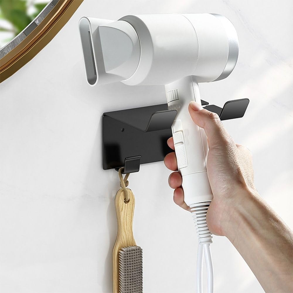 gifthub 1 Pcs Hair Dryer Holder Wall Mount, Multi-Purpose Stainless Steel Storage Rack Strong Bearing Capacity Compatible with Most Hair Dryers, for Bedroom Bathroom(Black)