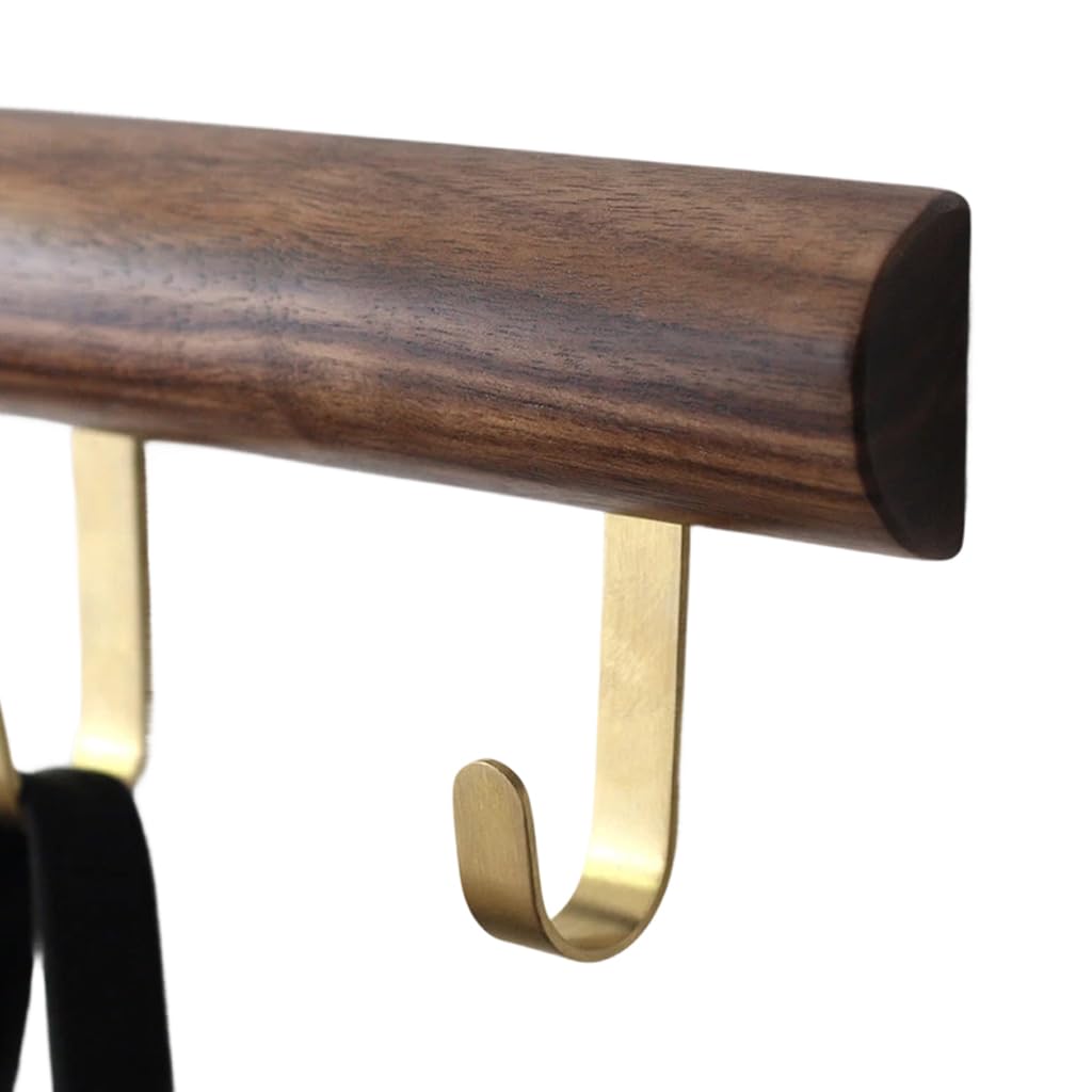 Qpkz Brown Walnut Wood Coat Rack Wall Mount Decor, Wooden Wall Hooks Entryway Hanging Rack Coat Hooks Rail Clothes Towel Racks With Brass Hook For Coat, Bag, Towel