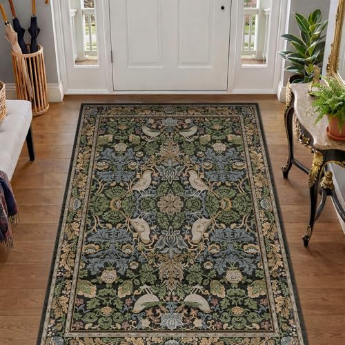 Image of Large Entryway Rugs Indoor - 3x5 Washable Rugs for Kitchen Bedroom Beside Bed Door Mat Indoor Entrance with Moody Woodland Flowers, Non Slip Stain Resistant Low Pile
