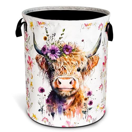 Image of Highland Cow Laundry Basket Foldable Waterproof Oxford Cloth Funny Tote Bag Laundry Hamper Clothes Storage Bucket Toy Organizer For Bathroom/Laundry Storage/Bedroom Storage Basket 17.7x13.7 Inch