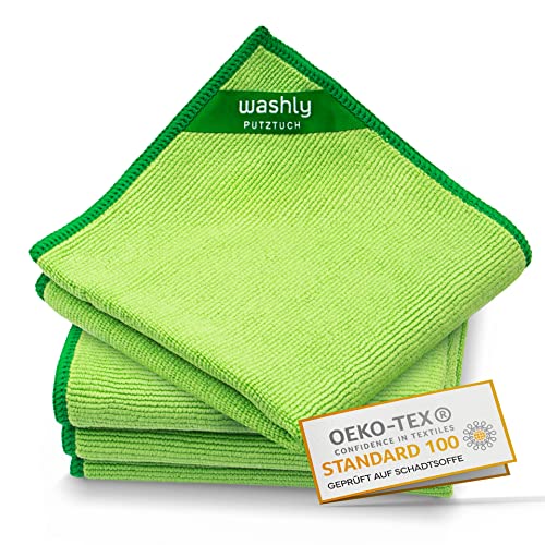 washly Putztücher 30 x 30 cm – 4 grüne Oeko-TEX Mikrofasertücher - Mikrofaser Putzlappen für den Haushalt - 430 GSM Microfaser Reinigungstuch - Putztuch extra dick Ultra saugstark weich fusselfrei