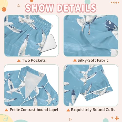 senya Seagull Flying The Sky Satin Summer Pajama Sets Silk Short Sleeve Button Down Sleepwear3