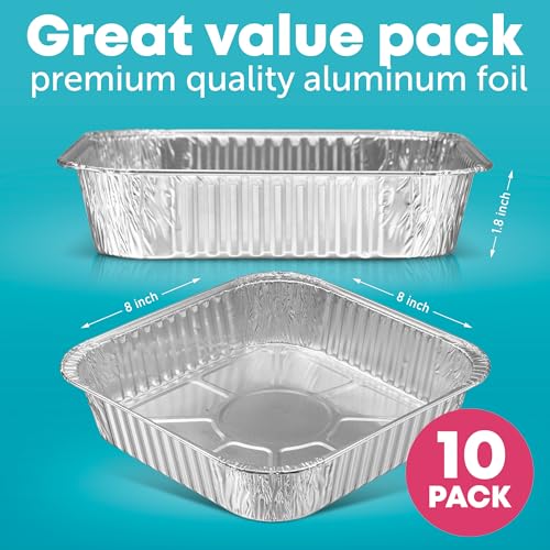 Image of 8x8 Disposable Aluminum Pans - 10 Pack Foil Pans For Cooking, Baking Cakes, Roasting & Homemade Breads - Disposable Food Containers