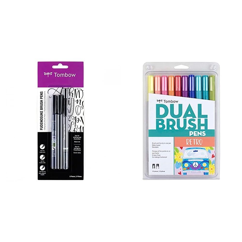 Tombow62039 Fudenosuke Brush Pens, 3-Pack. Soft, Hard, and Twin Tip Markers for Calligraphy and Art Drawings & Dual Brush Pen Retro Marker, 10 Piece